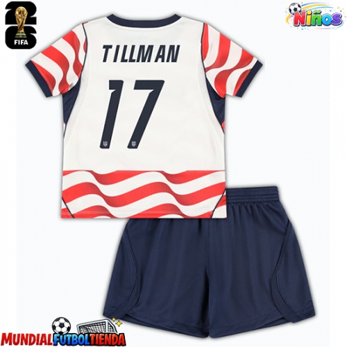 Camiseta Estados Unidos Malik Tillman #17 Primera Equipación Replica Mundial 2026 para niños mangas cortas (+ Pantalones cortos)